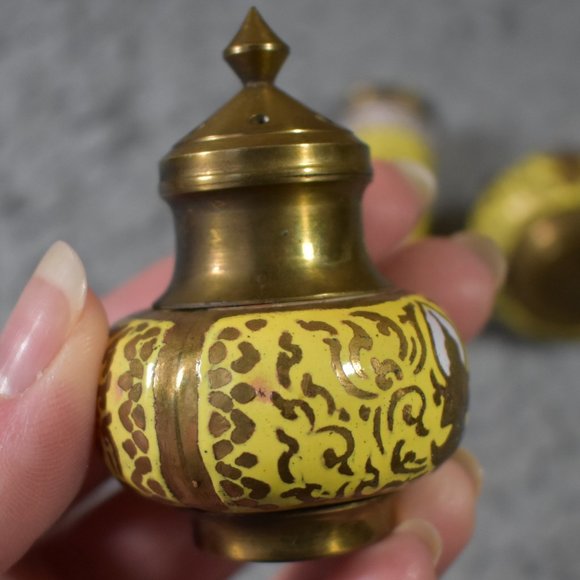 Vintage Brass Krishna Salt and Pepper Shaker with Toothpick Holder Set - Picture 7 of 15